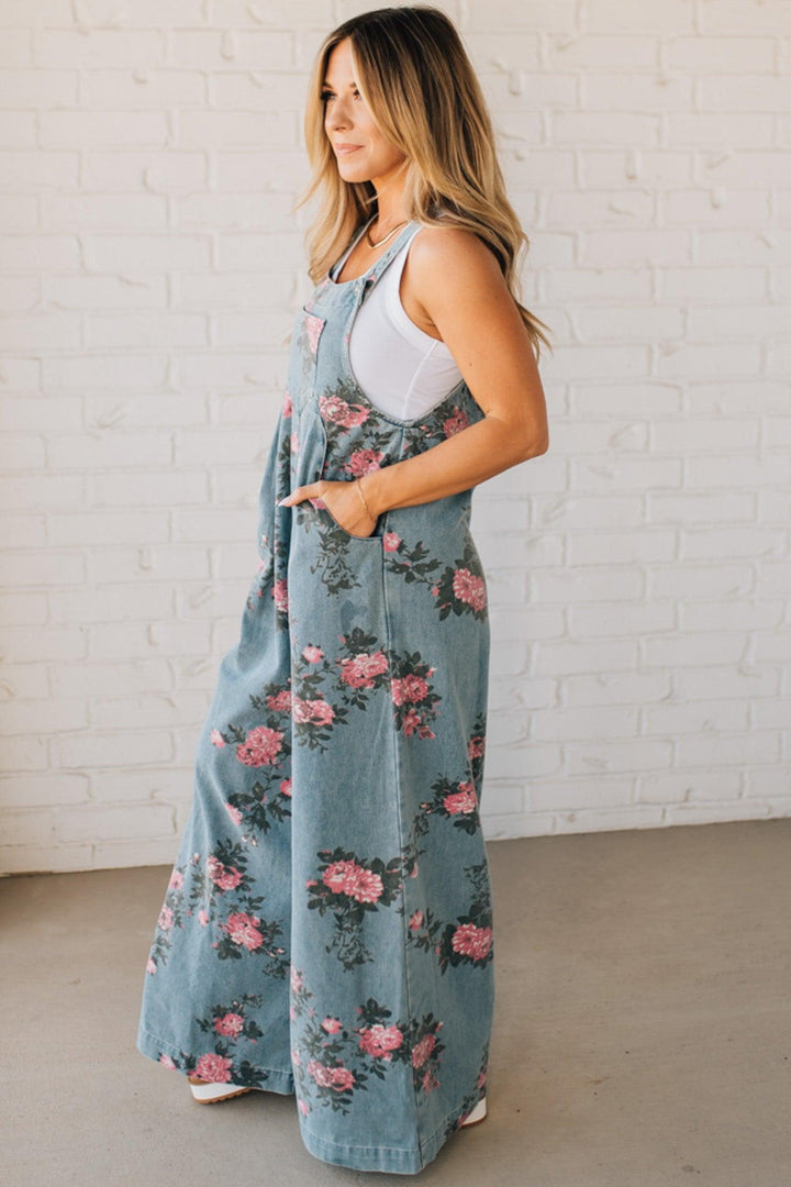 Floral Print Denim Overalls Wide Leg Cotton