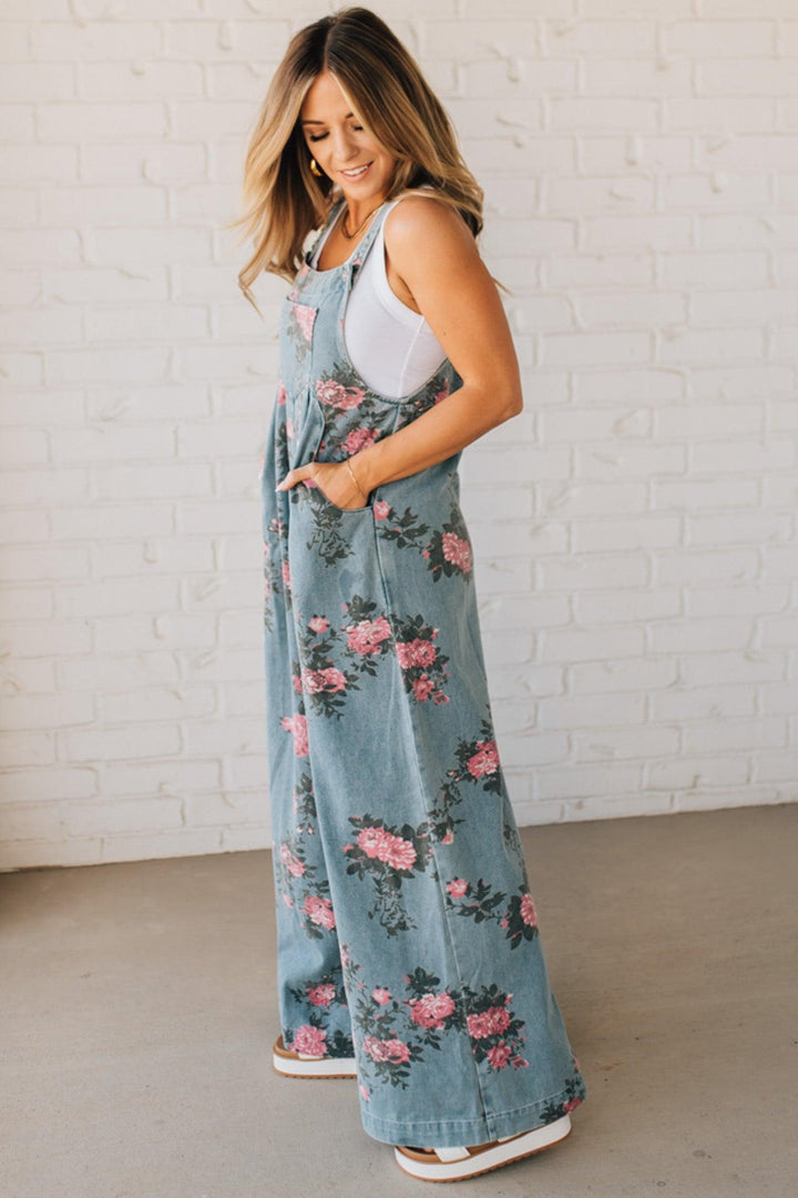 Floral Print Denim Overalls Wide Leg Cotton