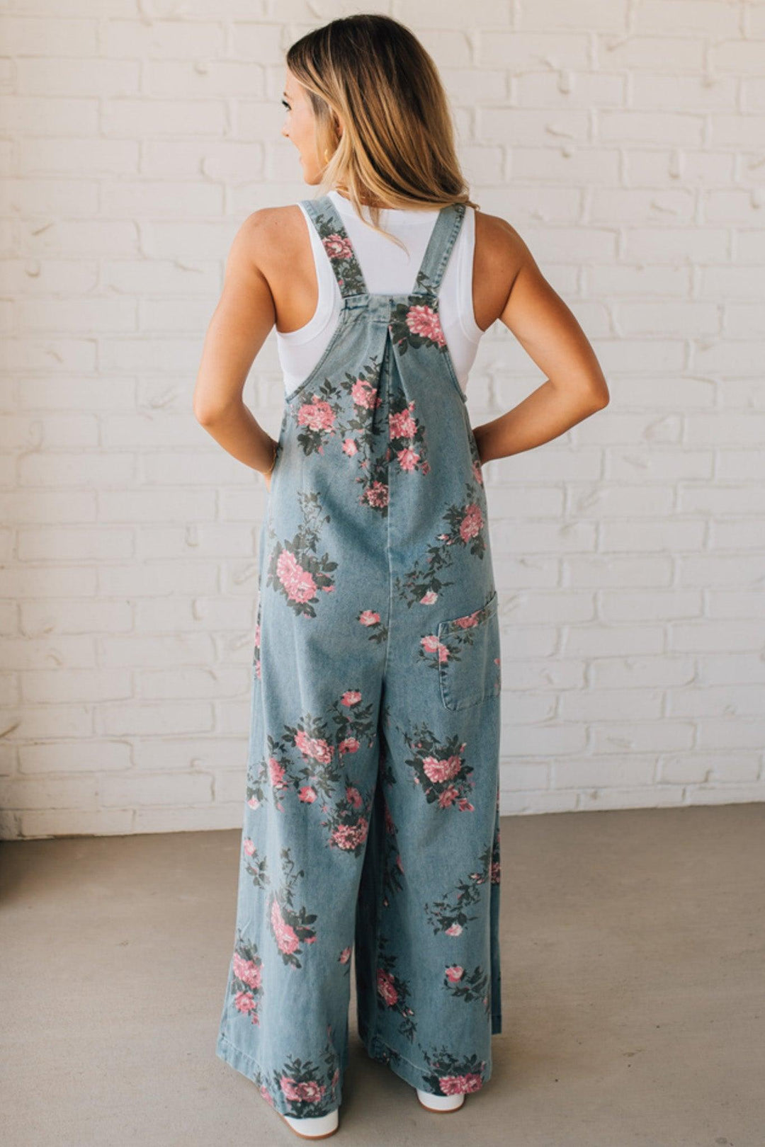 Floral Print Denim Overalls Wide Leg Cotton