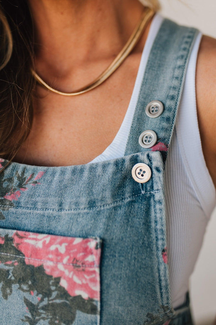 Floral Print Denim Overalls Wide Leg Cotton