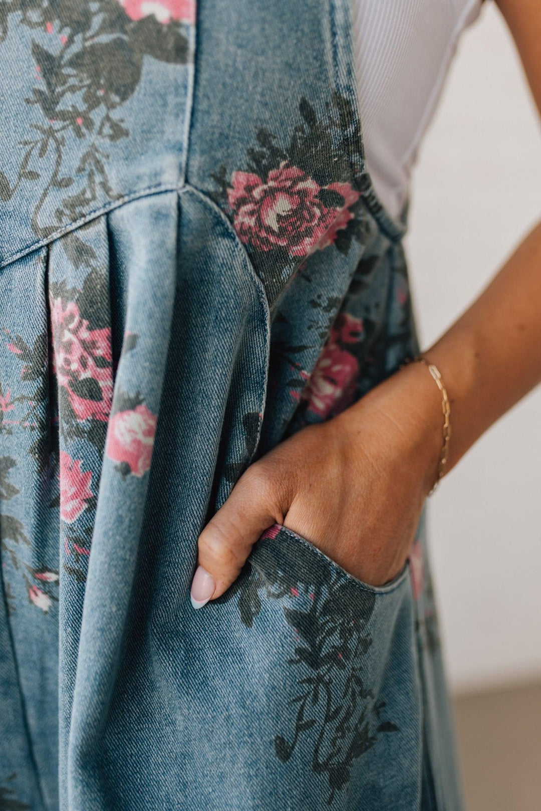 Floral Print Denim Overalls Wide Leg Cotton