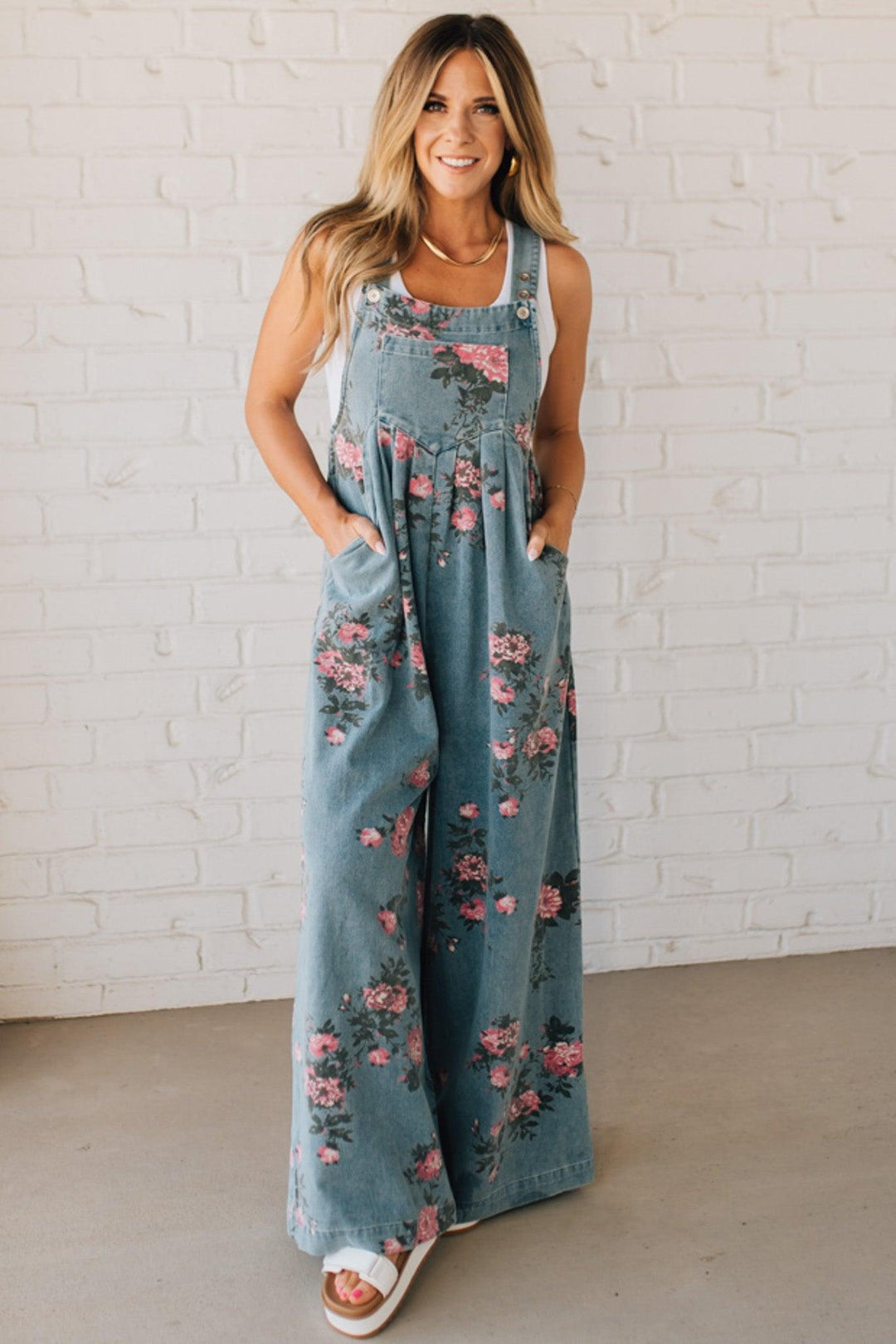 Floral Print Denim Overalls Wide Leg Cotton
