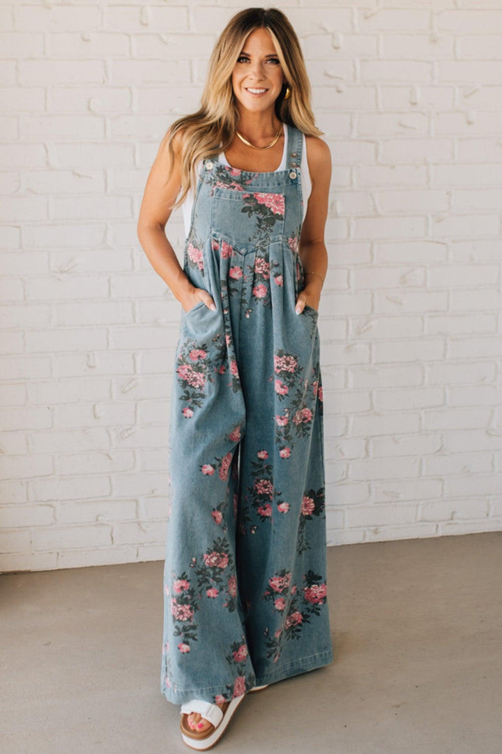 Floral Print Denim Overalls Wide Leg Cotton