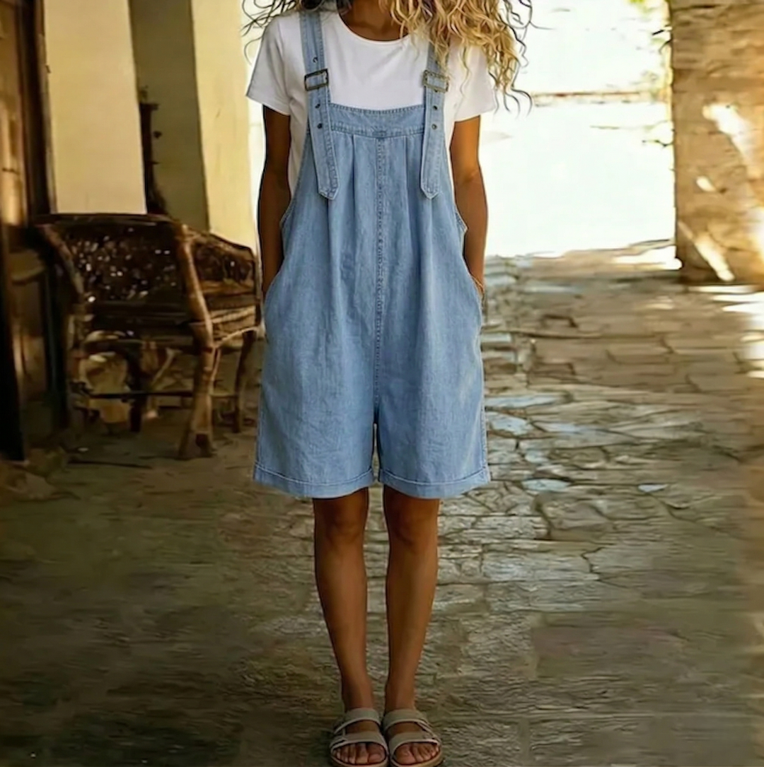 Lily | Vintage Washed Soft Cotton Feel Denim Short Overall Light blue