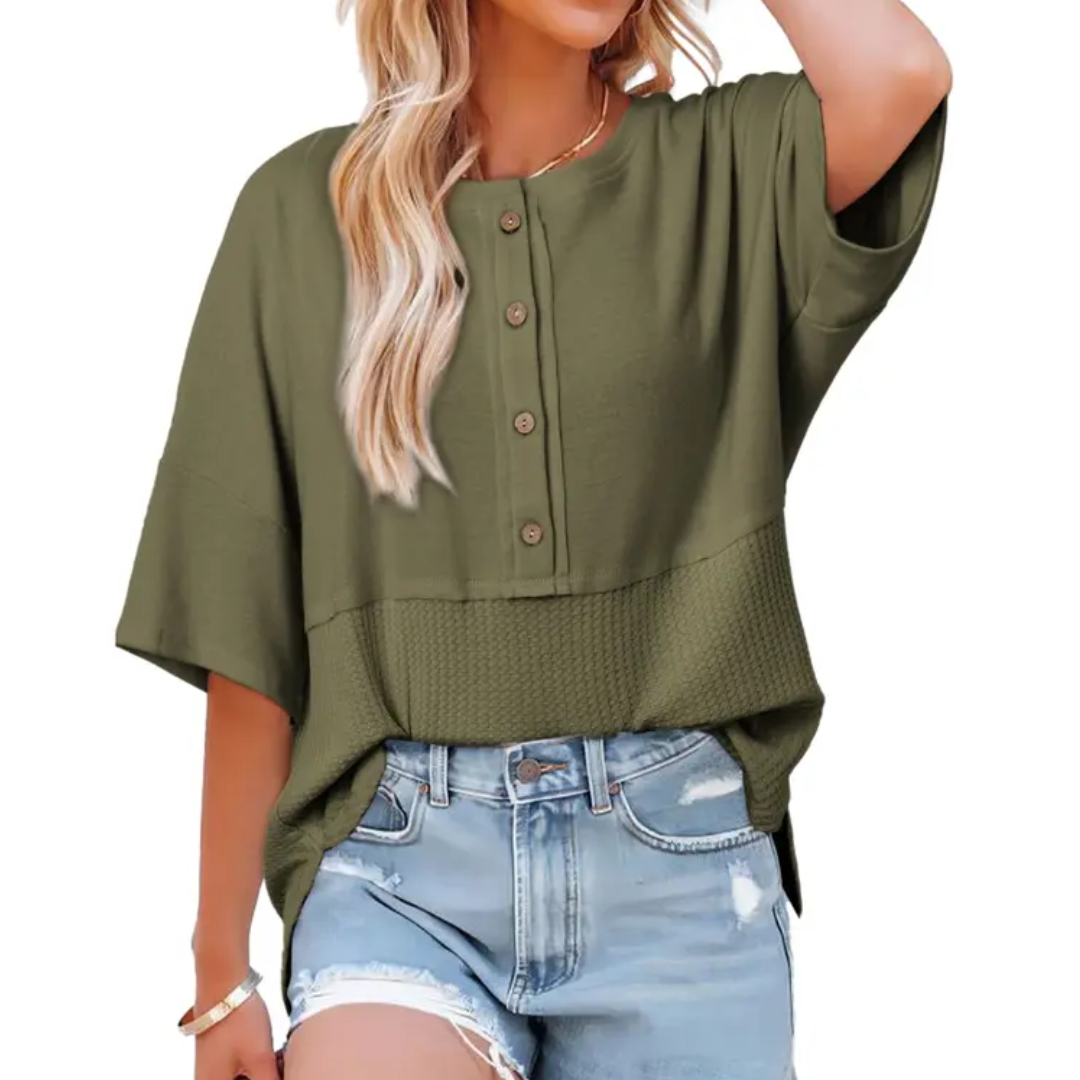 FRANKIE – Relaxed Waffle Knit Button Blouse