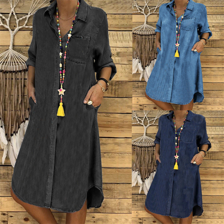Relaxed Fit Denim Shirt Dress Casual Button Down