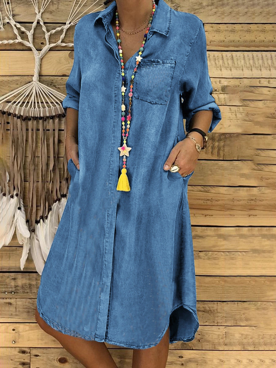 Relaxed Fit Denim Shirt Dress Casual Button Down