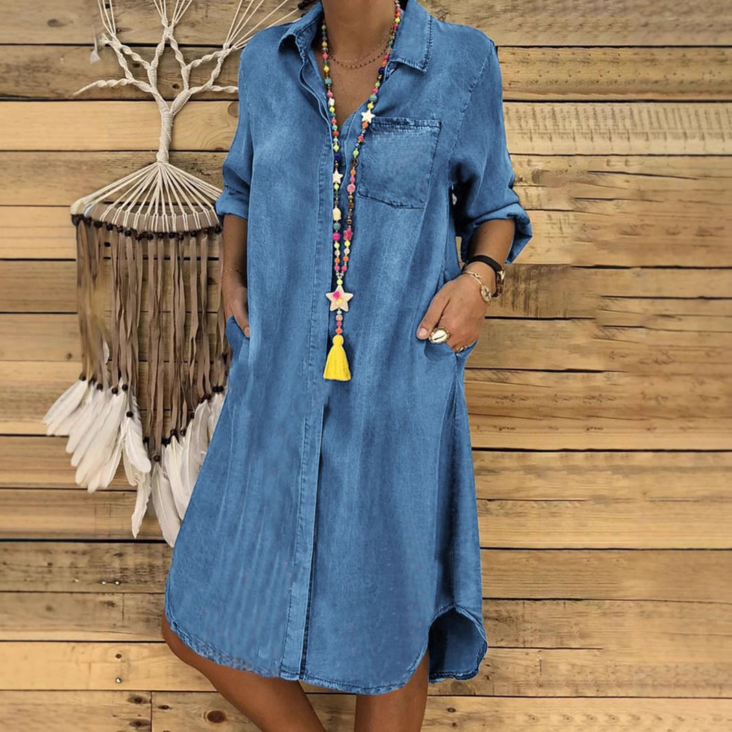 Relaxed Fit Denim Shirt Dress Casual Button Down
