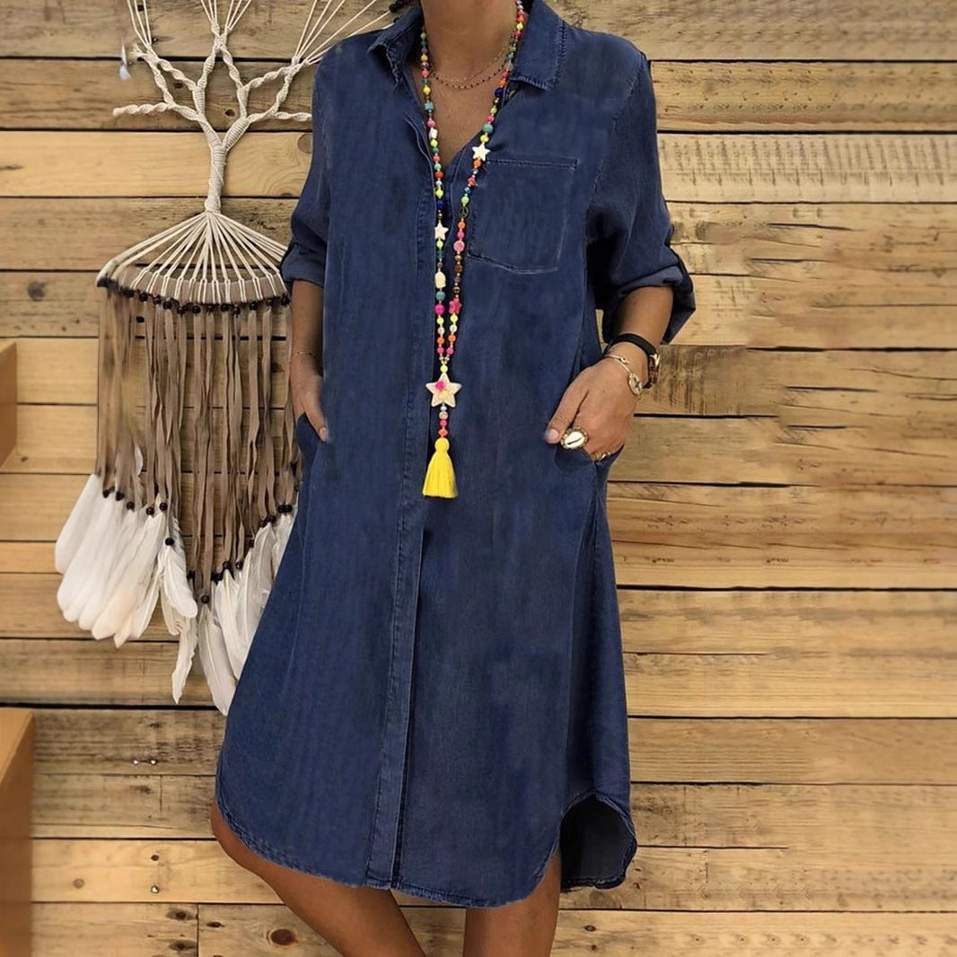 Relaxed Fit Denim Shirt Dress Casual Button Down
