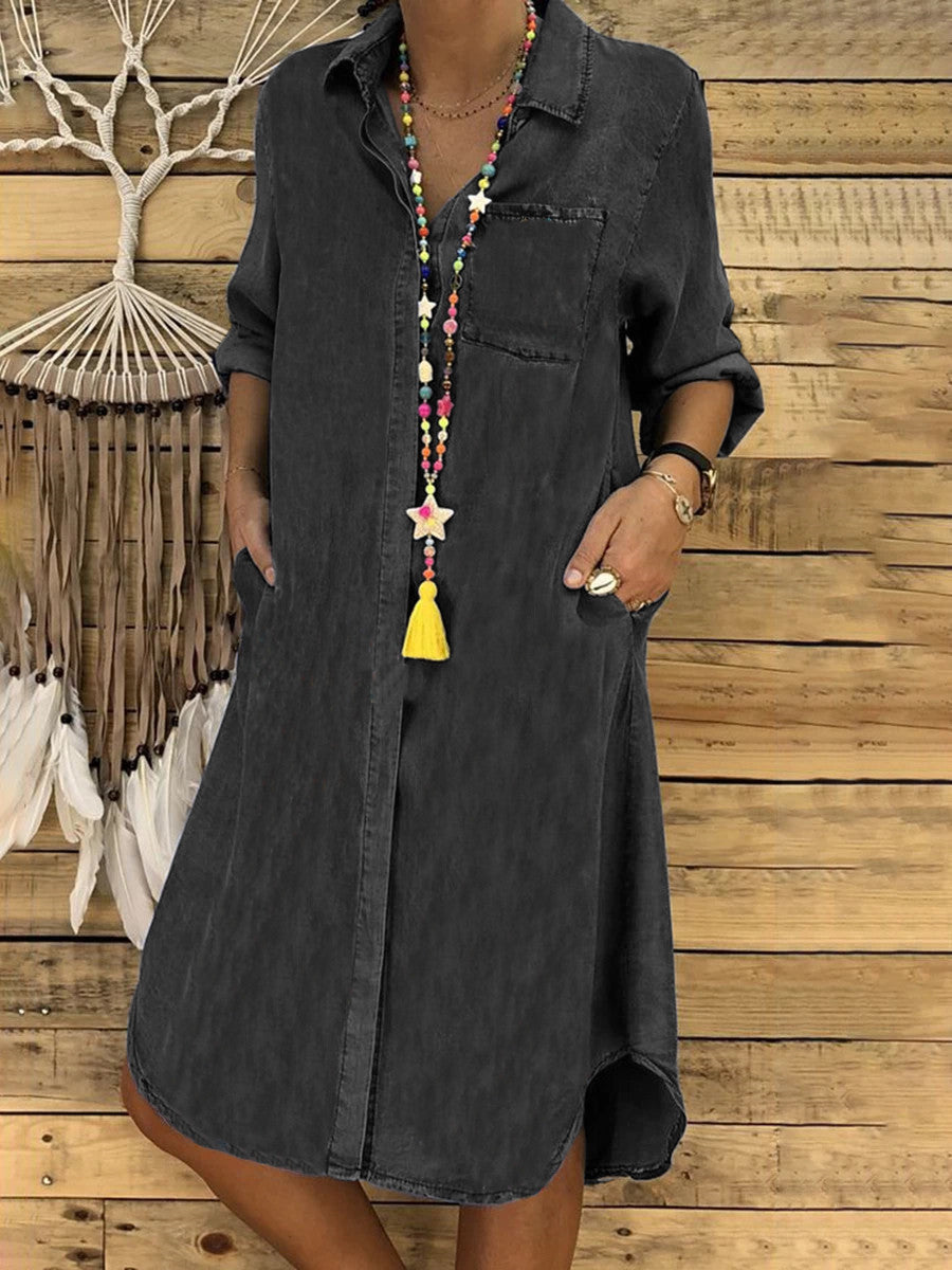 Relaxed Fit Denim Shirt Dress Casual Button Down