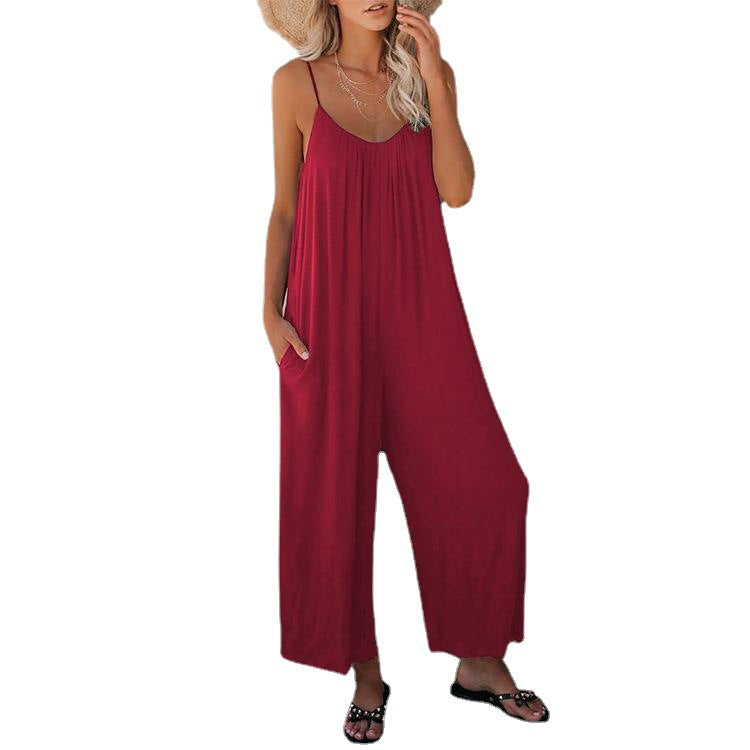 Loose Fit Women's Cotton Blend Jumpsuit Casual Pocket Style