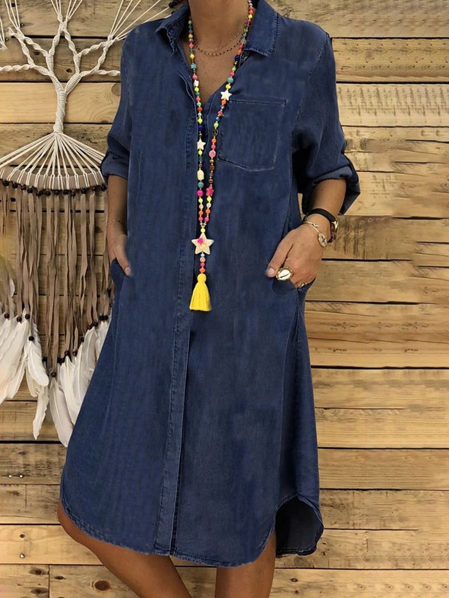 Relaxed Fit Denim Shirt Dress Casual Button Down