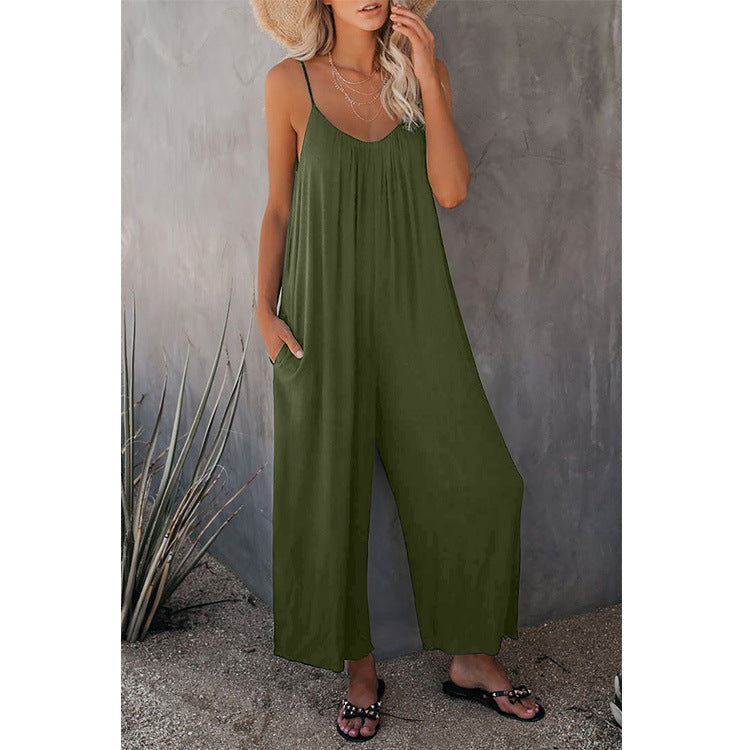 Loose Fit Women's Cotton Blend Jumpsuit Casual Pocket Style