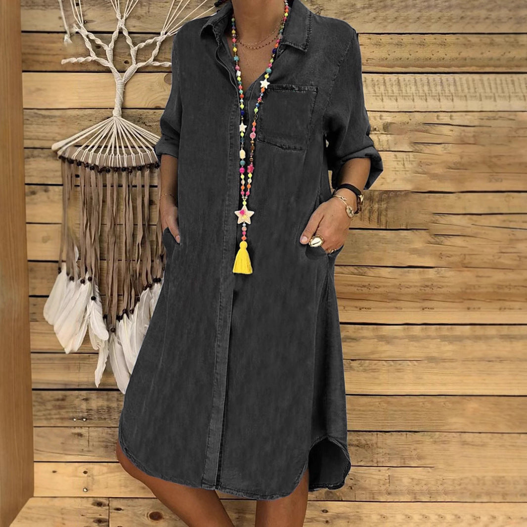Relaxed Fit Denim Shirt Dress Casual Button Down