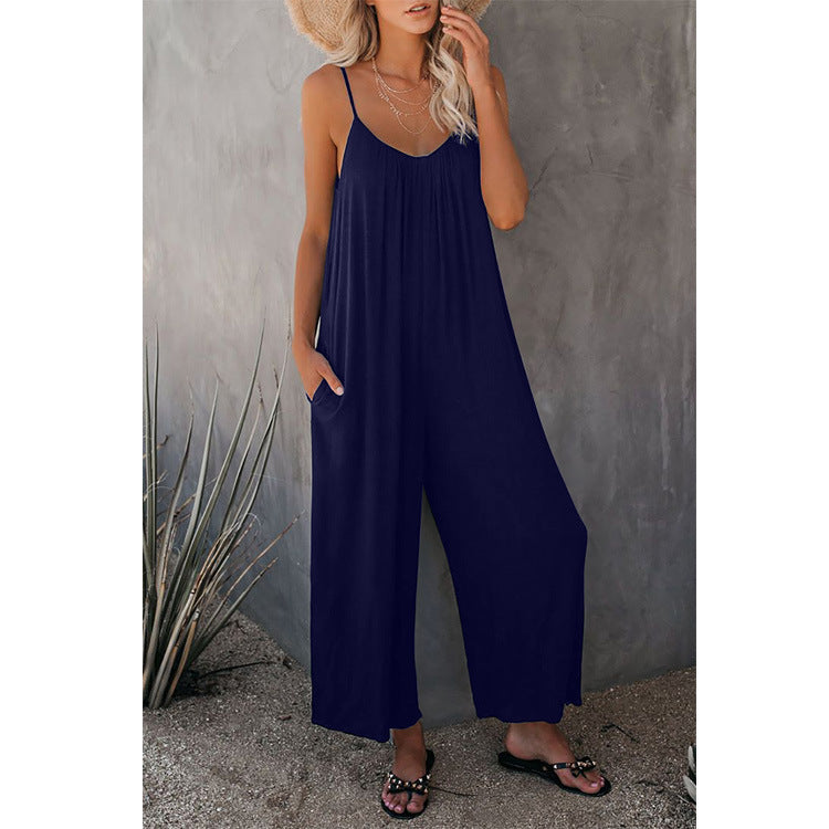 Loose Fit Women's Cotton Blend Jumpsuit Casual Pocket Style