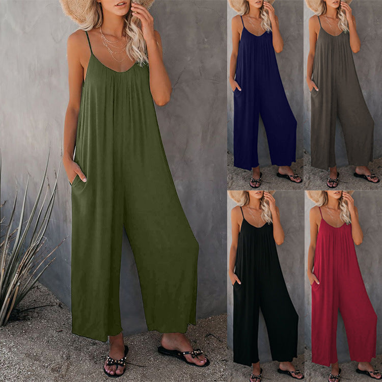 Loose Fit Women's Cotton Blend Jumpsuit Casual Pocket Style