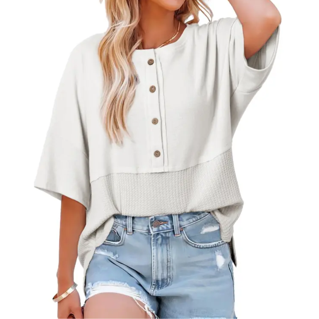 FRANKIE – Relaxed Waffle Knit Button Blouse