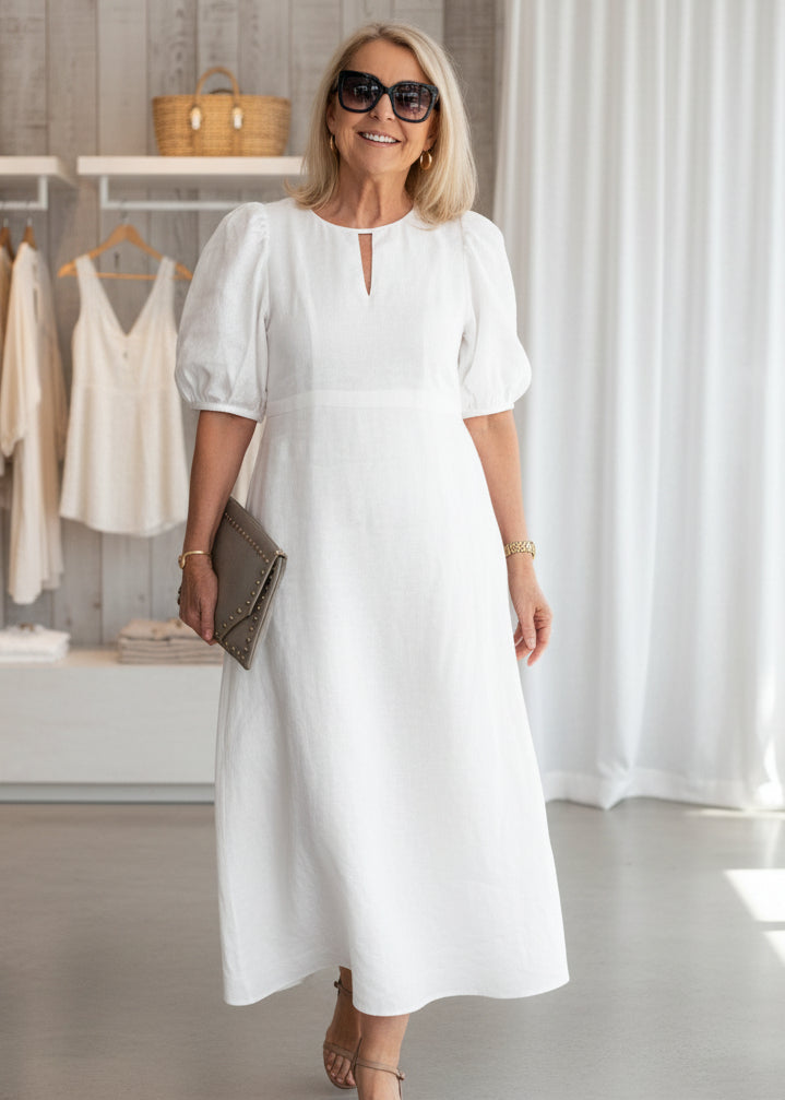 Relaxed Fit Maxi Dress Puff Sleeve Lightweight Linen