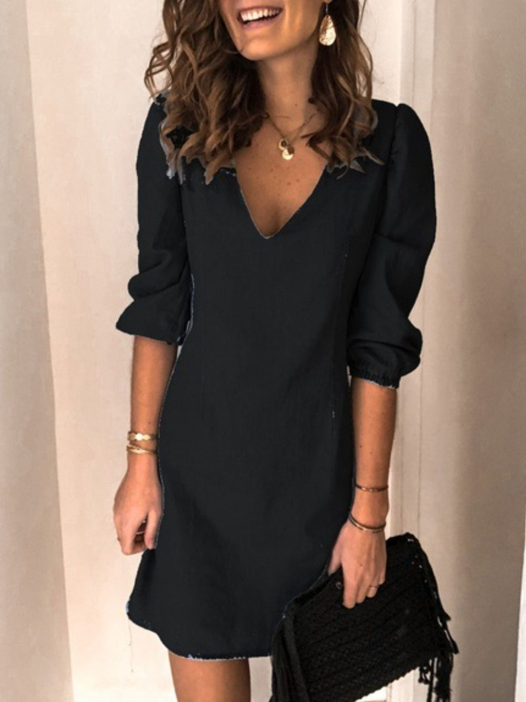 Soft Denim V Neck Dress Puff Sleeve Above Knee