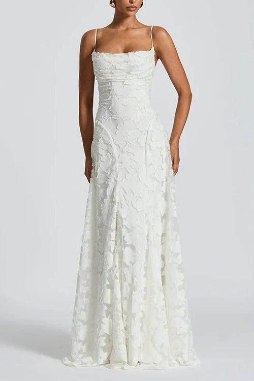 Margovil Spaghetti Strap Backless Lace-up Jacquard Maxi Dress