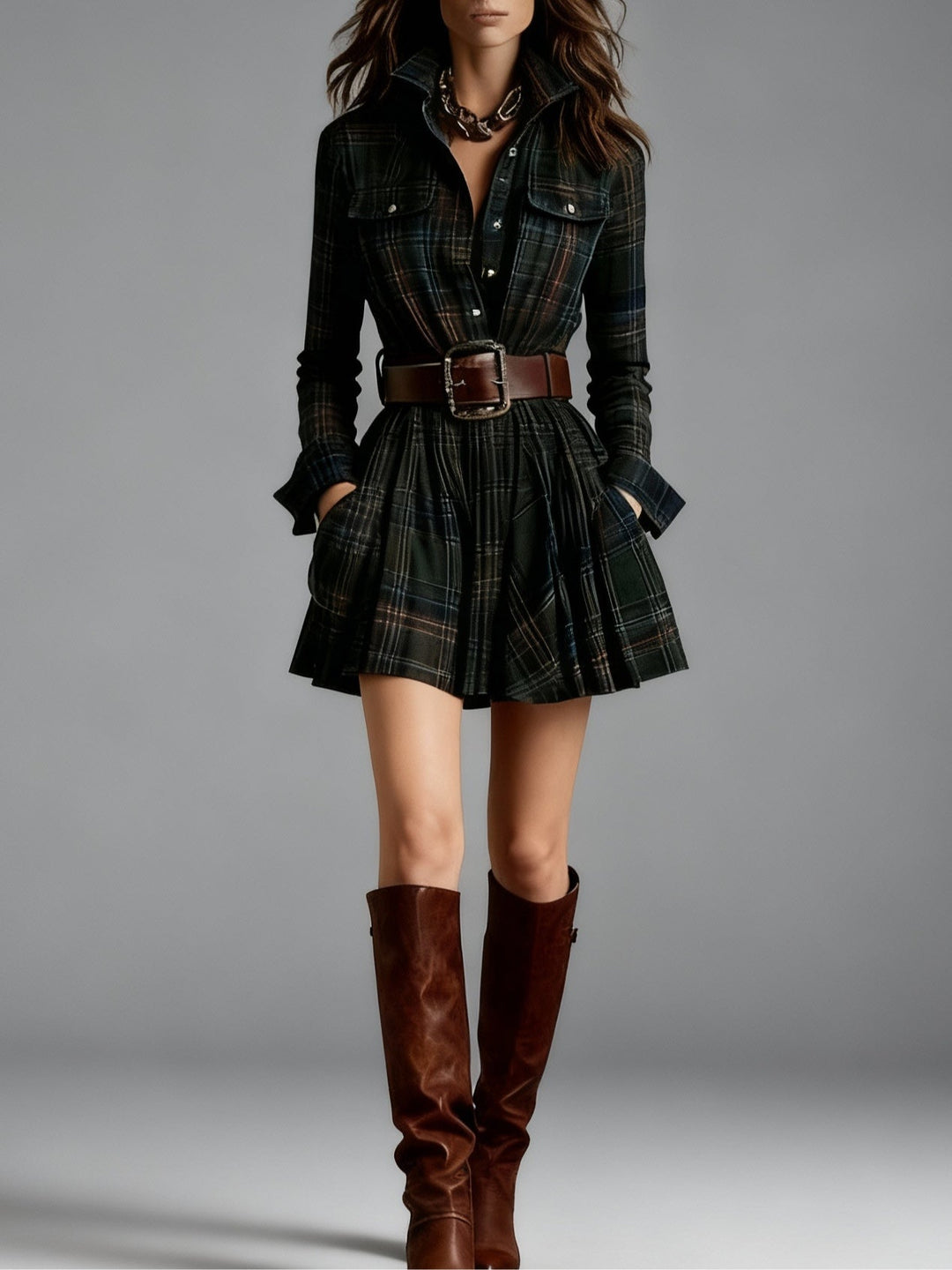 Vintage Red and Brown Checked Mini Dress (Includes belt)