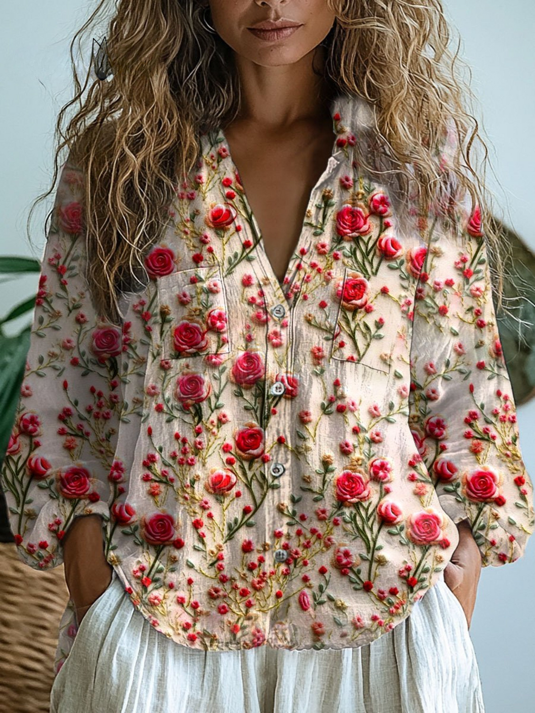 Shirley | Retro Floral Art Print Casual Long Sleeve