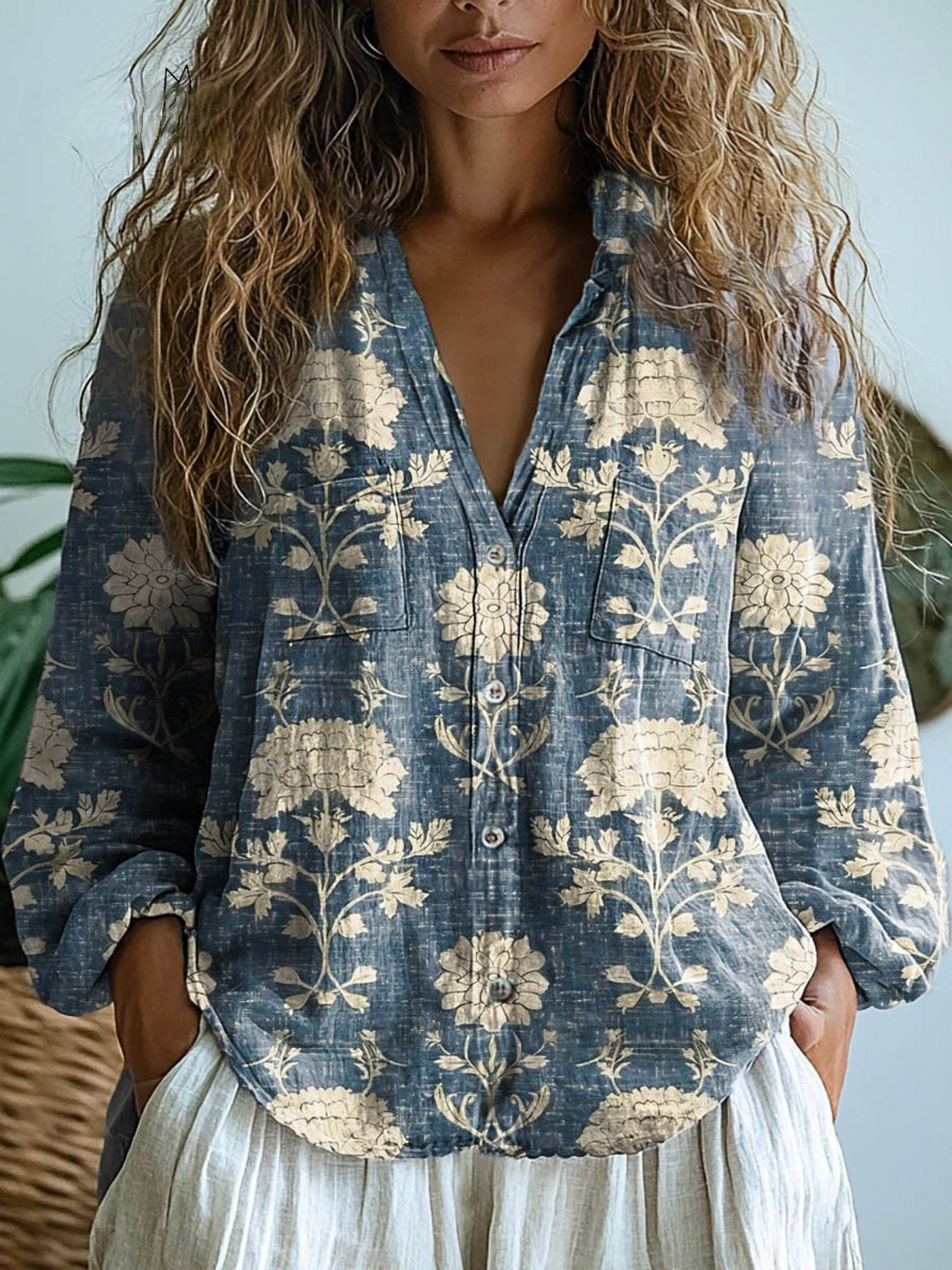 Brenda | Women's Vintage Lovely Floral Art Print Casual Long Sleeve Comfortable Cotton Shirt