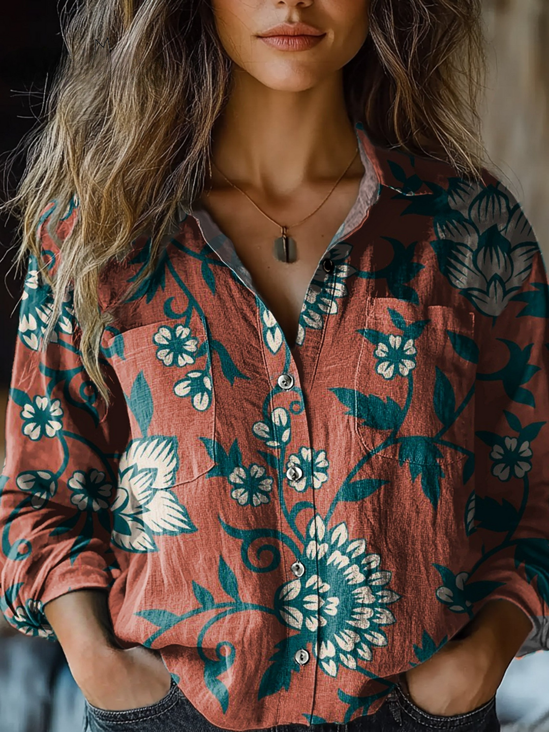 Judith | Retro Red Flowers Print Casual Long Sleeve
