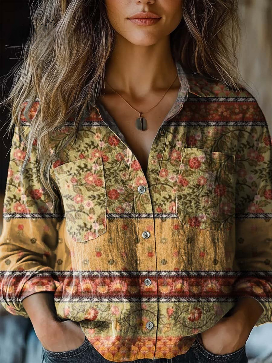 Andrea | Floral Patchwork Art Print Casual Long Sleeve